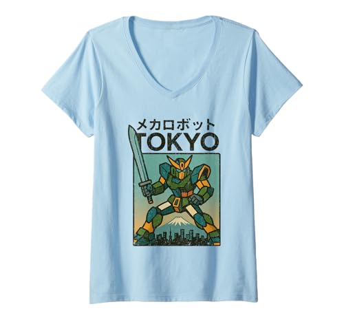 Damen Mecha Robot Fighting Pose Boys Vintage Japanisches Poster Tokio T-Shirt mit V-Ausschnitt von Vintage Japanese Poster Art Japan Lovers DonaOnca