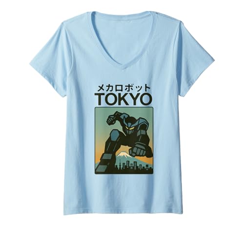 Damen Mecha Robot Fighting Pose Boys Vintage Japanisches Poster Tokio T-Shirt mit V-Ausschnitt von Vintage Japanese Poster Art Japan Lovers DonaOnca