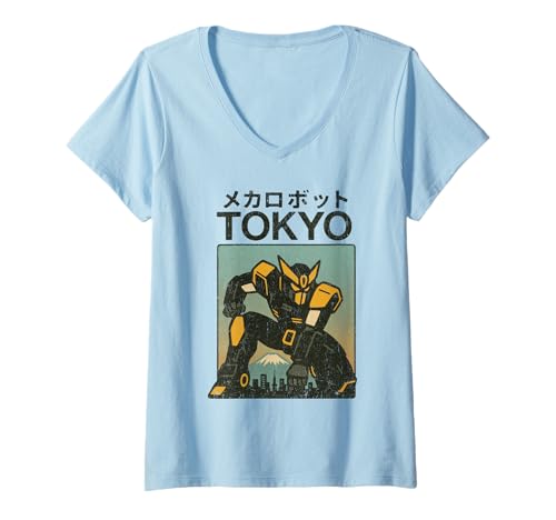 Damen Mecha Robot Fighting Pose Boys Vintage Japanisches Poster Tokio T-Shirt mit V-Ausschnitt von Vintage Japanese Poster Art Japan Lovers DonaOnca