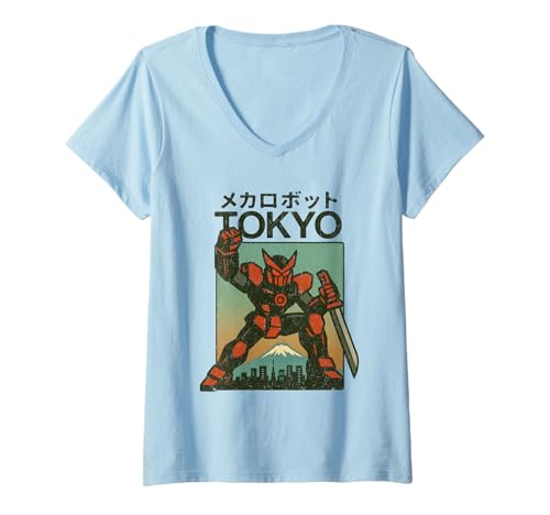 Damen Mecha Robot Fighting Pose Boys Vintage Japanisches Poster Tokio T-Shirt mit V-Ausschnitt von Vintage Japanese Poster Art Japan Lovers DonaOnca
