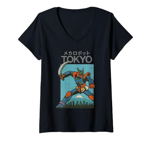 Damen Mecha Robot Fighting Pose Boys Vintage Japanisches Poster Tokio T-Shirt mit V-Ausschnitt von Vintage Japanese Poster Art Japan Lovers DonaOnca