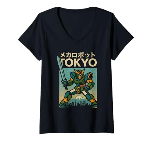 Damen Mecha Robot Fighting Pose Boys Vintage Japanisches Poster Tokio T-Shirt mit V-Ausschnitt von Vintage Japanese Poster Art Japan Lovers DonaOnca