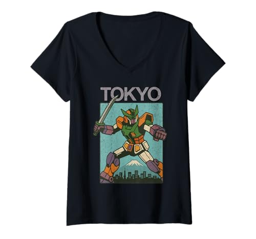 Damen Mecha Robot Fighting Pose Boys Vintage Japanisches Poster Tokio T-Shirt mit V-Ausschnitt von Vintage Japanese Poster Art Japan Lovers DonaOnca
