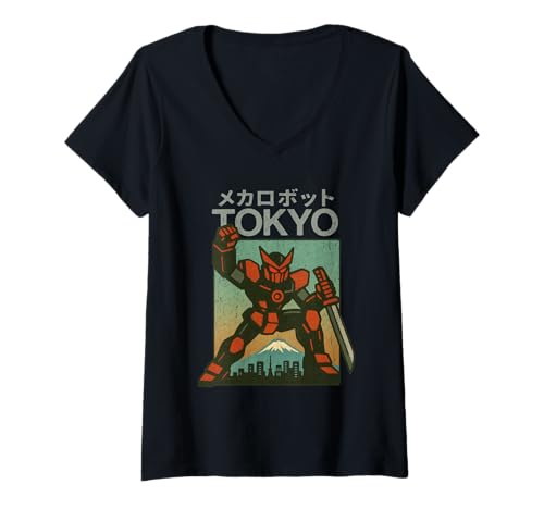 Damen Mecha Robot Fighting Pose Boys Vintage Japanisches Poster Tokio T-Shirt mit V-Ausschnitt von Vintage Japanese Poster Art Japan Lovers DonaOnca