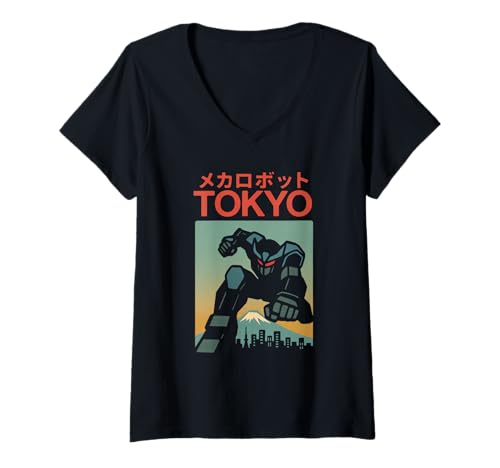 Damen Mecha Robot Fighting Pose Boys Vintage Japanisches Poster Tokio T-Shirt mit V-Ausschnitt von Vintage Japanese Poster Art Japan Lovers DonaOnca