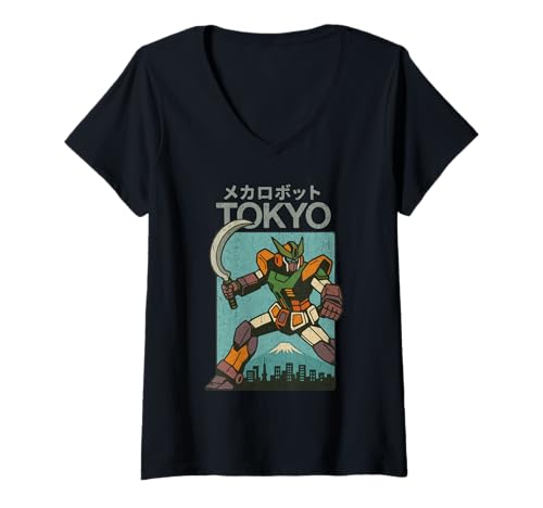 Damen Mecha Robot Fighting Pose Boys Vintage Japanisches Poster Tokio T-Shirt mit V-Ausschnitt von Vintage Japanese Poster Art Japan Lovers DonaOnca