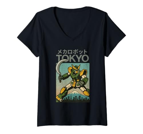 Damen Mecha Robot Fighting Pose Boys Vintage Japanisches Poster Tokio T-Shirt mit V-Ausschnitt von Vintage Japanese Poster Art Japan Lovers DonaOnca