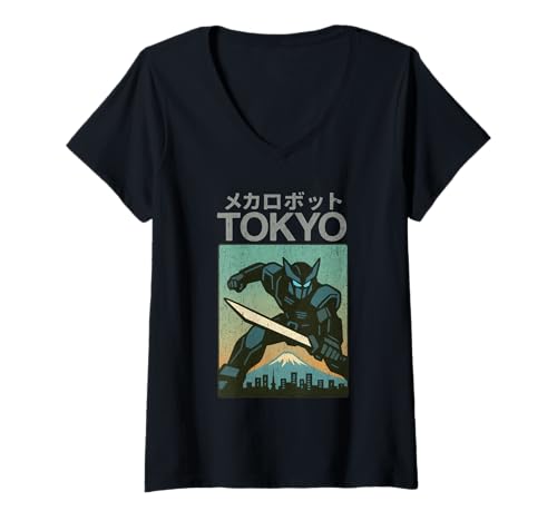 Damen Mecha Robot Fighting Pose Boys Vintage Japanisches Poster Tokio T-Shirt mit V-Ausschnitt von Vintage Japanese Poster Art Japan Lovers DonaOnca