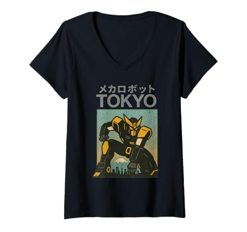 Damen Mecha Robot Fighting Pose Boys Vintage Japanisches Poster Tokio T-Shirt mit V-Ausschnitt von Vintage Japanese Poster Art Japan Lovers DonaOnca
