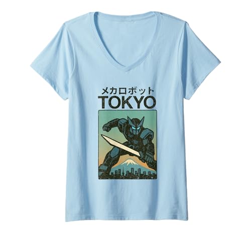 Damen Mecha Robot Fighting Pose Boys Vintage Japanisches Poster Tokio T-Shirt mit V-Ausschnitt von Vintage Japanese Poster Art Japan Lovers DonaOnca