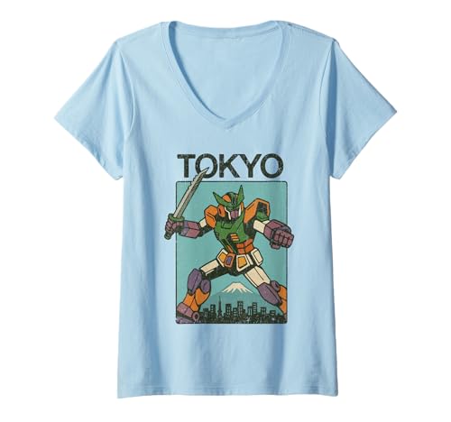 Damen Mecha Robot Fighting Pose Boys Vintage Japanisches Poster Tokio T-Shirt mit V-Ausschnitt von Vintage Japanese Poster Art Japan Lovers DonaOnca