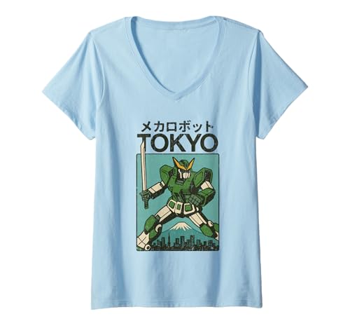 Damen Mecha Robot Fighting Pose Boys Vintage Japanisches Poster Tokio T-Shirt mit V-Ausschnitt von Vintage Japanese Poster Art Japan Lovers DonaOnca