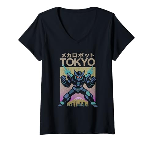 Damen Mecha Robot Powering Up Boys Vintage Japanisches Poster Tokio T-Shirt mit V-Ausschnitt von Vintage Japanese Poster Art Japan Lovers DonaOnca