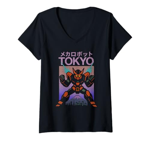 Damen Mecha Robot Powering Up Boys Vintage Japanisches Poster Tokio T-Shirt mit V-Ausschnitt von Vintage Japanese Poster Art Japan Lovers DonaOnca