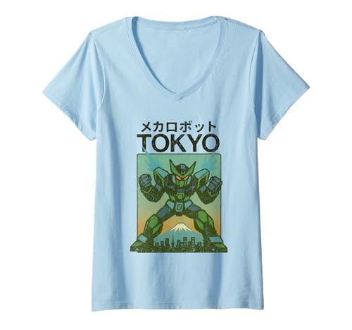 Damen Mecha Robot Powering Up Boys Vintage Japanisches Poster Tokio T-Shirt mit V-Ausschnitt von Vintage Japanese Poster Art Japan Lovers DonaOnca