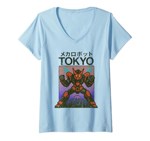 Damen Mecha Robot Powering Up Boys Vintage Japanisches Poster Tokio T-Shirt mit V-Ausschnitt von Vintage Japanese Poster Art Japan Lovers DonaOnca