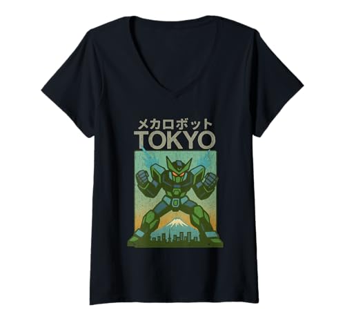 Damen Mecha Robot Powering Up Boys Vintage Japanisches Poster Tokio T-Shirt mit V-Ausschnitt von Vintage Japanese Poster Art Japan Lovers DonaOnca
