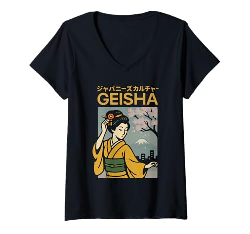 Damen Vintage Geisha Art Kyoto Asien Cool Japanisches Poster T-Shirt mit V-Ausschnitt von Vintage Japanese Poster Art Japan Lovers DonaOnca