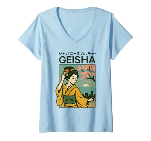 Damen Vintage Geisha Art Kyoto Asien Cool Japanisches Poster T-Shirt mit V-Ausschnitt Damen Vintage Geisha Art Kyoto Asien Cool Japanisches Poster T-Shirt mit V-Ausschnitt von Vintage Japanese Poster Art Japan Lovers DonaOnca