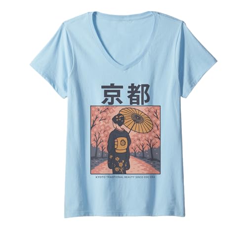 Damen Vintage Geisha Art Kyoto Asien Cool Japanisches Poster T-Shirt mit V-Ausschnitt von Vintage Japanese Poster Art Japan Lovers DonaOnca