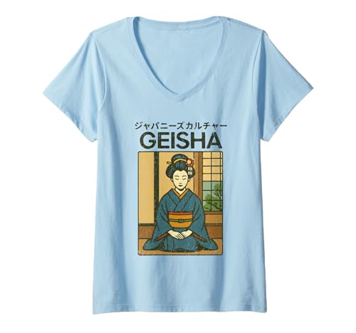 Damen Vintage Geisha Art Kyoto Asien Cool Japanisches Poster T-Shirt mit V-Ausschnitt von Vintage Japanese Poster Art Japan Lovers DonaOnca