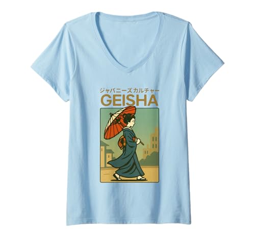 Damen Vintage Geisha Art Kyoto Asien Cool Japanisches Poster T-Shirt mit V-Ausschnitt von Vintage Japanese Poster Art Japan Lovers DonaOnca