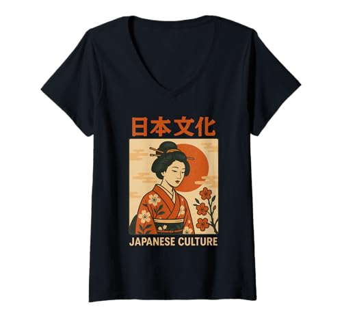 Damen Vintage Geisha Art Kyoto Asien Cool Japanisches Poster T-Shirt mit V-Ausschnitt von Vintage Japanese Poster Art Japan Lovers DonaOnca
