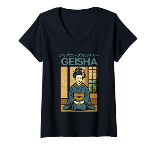 Damen Vintage Geisha Art Kyoto Asien Cool Japanisches Poster T-Shirt mit V-Ausschnitt von Vintage Japanese Poster Art Japan Lovers DonaOnca