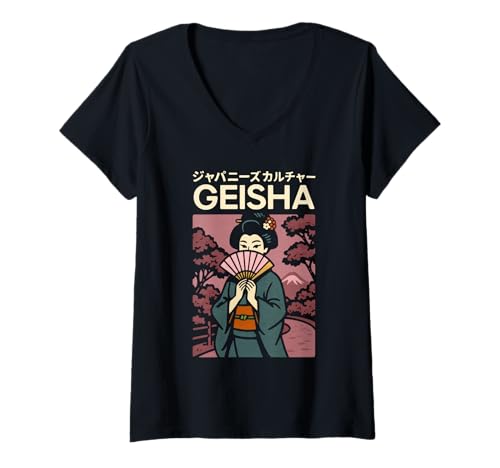 Damen Vintage Geisha Art Kyoto Asien Cool Japanisches Poster T-Shirt mit V-Ausschnitt von Vintage Japanese Poster Art Japan Lovers DonaOnca