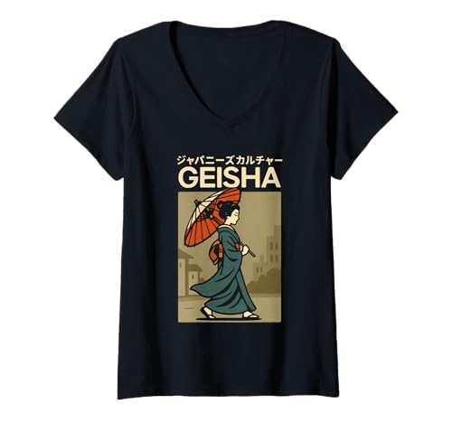Damen Vintage Geisha Art Kyoto Asien Cool Japanisches Poster T-Shirt mit V-Ausschnitt von Vintage Japanese Poster Art Japan Lovers DonaOnca