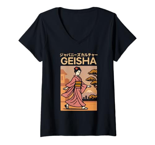 Damen Vintage Geisha Art Kyoto Asien Cool Japanisches Poster T-Shirt mit V-Ausschnitt von Vintage Japanese Poster Art Japan Lovers DonaOnca