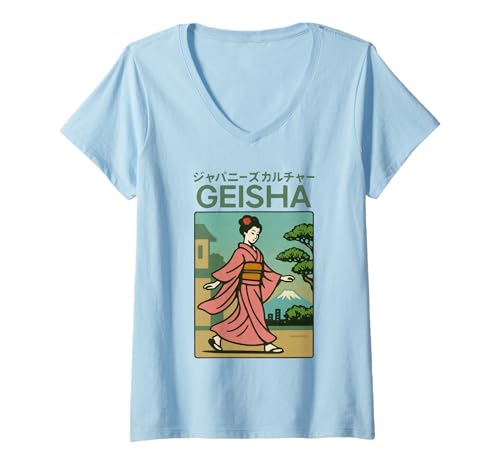 Damen Vintage Geisha Art Kyoto Asien Cool Japanisches Poster T-Shirt mit V-Ausschnitt von Vintage Japanese Poster Art Japan Lovers DonaOnca