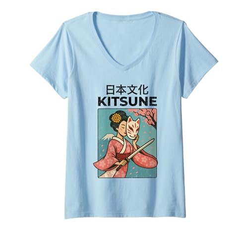 Damen Vintage Geisha Kitsune Art Kyoto Asien Cool Japanese Poster T-Shirt mit V-Ausschnitt von Vintage Japanese Poster Art Japan Lovers DonaOnca