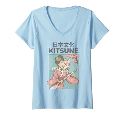 Damen Vintage Geisha Kitsune Art Kyoto Asien Cool Japanese Poster T-Shirt mit V-Ausschnitt von Vintage Japanese Poster Art Japan Lovers DonaOnca