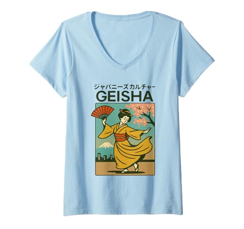Damen Vintage Geisha Tanzkunst Kyoto, Asien, Cooles Japanisches Poster T-Shirt mit V-Ausschnitt von Vintage Japanese Poster Art Japan Lovers DonaOnca