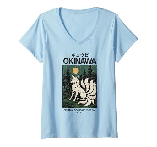 Damen Vintage Kitsune Art Okinawa Asien Tourismus Japanischer Fuchs Poster T-Shirt mit V-Ausschnitt von Vintage Japanese Poster Art Japan Lovers DonaOnca