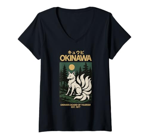 Damen Vintage Kitsune Art Okinawa Asien Tourismus Japanischer Fuchs Poster T-Shirt mit V-Ausschnitt Damen Vintage Kitsune Art Okinawa Asien Tourismus Japanischer Fuchs Poster T-Shirt mit V-Ausschnitt von Vintage Japanese Poster Art Japan Lovers DonaOnca
