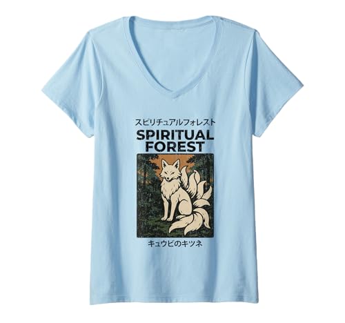 Damen Vintage Kitsune Spiritueller Waldtourismus Japanischer Fuchs Poster T-Shirt mit V-Ausschnitt Damen Vintage Kitsune Spiritueller Waldtourismus Japanischer Fuchs Poster T-Shirt mit V-Ausschnitt von Vintage Japanese Poster Art Japan Lovers DonaOnca