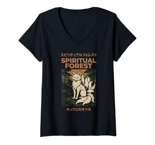 Damen Vintage Kitsune Spiritueller Waldtourismus Japanischer Fuchs Poster T-Shirt mit V-Ausschnitt von Vintage Japanese Poster Art Japan Lovers DonaOnca