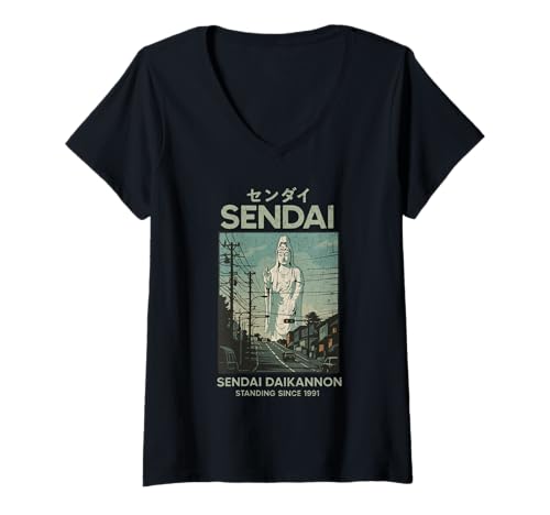 Damen Vintage Sendai Daikannon Japan Tourismus Japanisches Poster T-Shirt mit V-Ausschnitt von Vintage Japanese Poster Art Japan Lovers DonaOnca