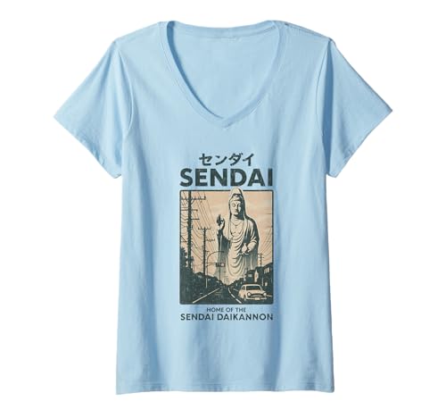 Damen Vintage Sendai Daikannon Japan Tourismus Japanisches Poster T-Shirt mit V-Ausschnitt von Vintage Japanese Poster Art Japan Lovers DonaOnca