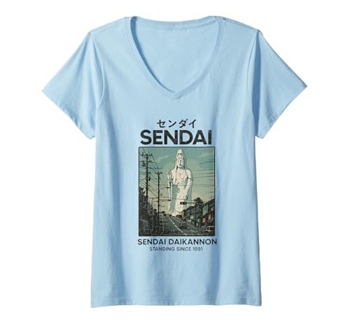 Damen Vintage Sendai Daikannon Japan Tourismus Japanisches Poster T-Shirt mit V-Ausschnitt Damen Vintage Sendai Daikannon Japan Tourismus Japanisches Poster T-Shirt mit V-Ausschnitt von Vintage Japanese Poster Art Japan Lovers DonaOnca