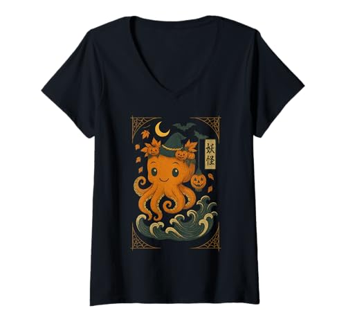 Damen Kawaii Halloween Yokai Octopus Kürbis Hexe T-Shirt mit V-Ausschnitt Damen Kawaii Halloween Yokai Octopus Kürbis Hexe T-Shirt mit V-Ausschnitt von Vintage Japanese Sakura Art Lovers Collective