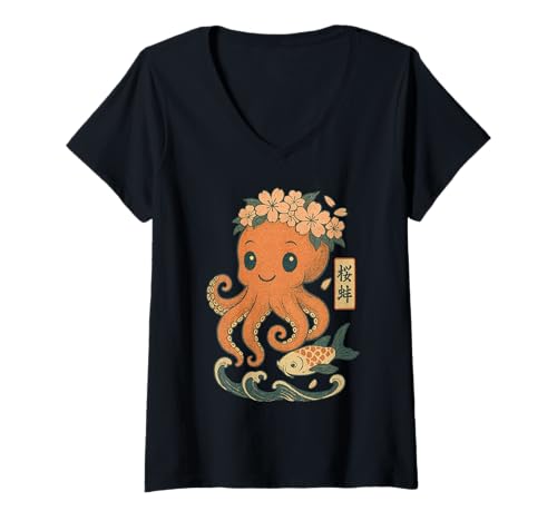 Damen Sakura Octopus Kawaii Japanischer Holzblock-Stil T-Shirt mit V-Ausschnitt Damen Sakura Octopus Kawaii Japanischer Holzblock-Stil T-Shirt mit V-Ausschnitt von Vintage Japanese Sakura Art Lovers Collective