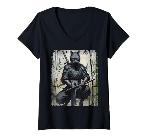 Damen Lustige japanische Samurai-Ninja-Katze T-Shirt mit V-Ausschnitt Damen Lustige japanische Samurai-Ninja-Katze T-Shirt mit V-Ausschnitt von Vintage Japanese Samurai Cat