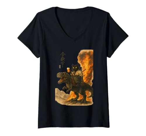 Damen Schwarze Katze, Samurai-Dinosaurier, Meereswellen-Druck T-Shirt mit V-Ausschnitt Damen Schwarze Katze, Samurai-Dinosaurier, Meereswellen-Druck T-Shirt mit V-Ausschnitt von Vintage Japanese Style Ukiyoe Graphic Vibes