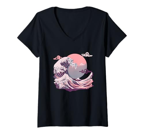 Damen The Great Wave of Kanagawa Hokusai Japanese T-Shirt mit V-Ausschnitt Damen The Great Wave of Kanagawa Hokusai Japanese T-Shirt mit V-Ausschnitt von Vintage Japanese Wave Graphics