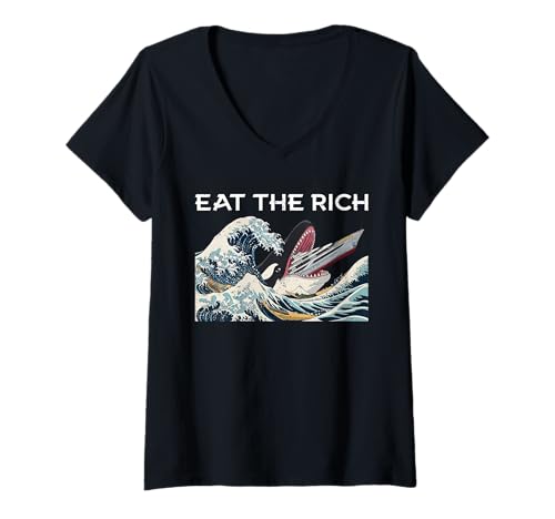 Damen Vintage Eat Die reichen Liebhaber des Ukiyo-e Kanagawa Wave Ocean T-Shirt mit V-Ausschnitt von Vintage Japanese Wave Ocean Art Statement