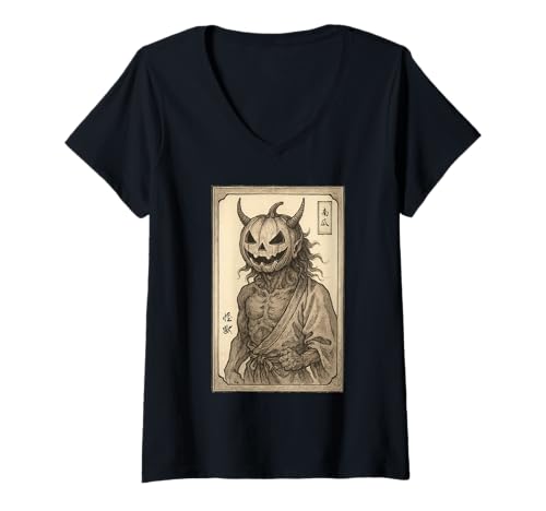 Damen Samurai Skelett Kürbis Japanisch Ukiyo-e Bushido T-Shirt mit V-Ausschnitt von Vintage Japanese Yokai Aesthetic Traditional
