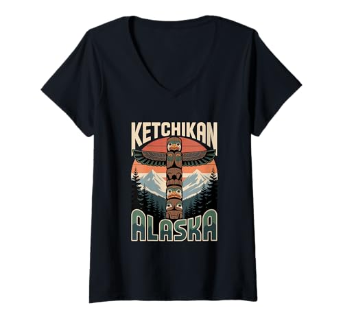 Damen Alaska-Totempfahl-Ketchikan-Souvenir und Einheimische Kunst T-Shirt mit V-Ausschnitt Damen Alaska-Totempfahl-Ketchikan-Souvenir und Einheimische Kunst T-Shirt mit V-Ausschnitt von Vintage Ketchikan Totem Pole Outfits